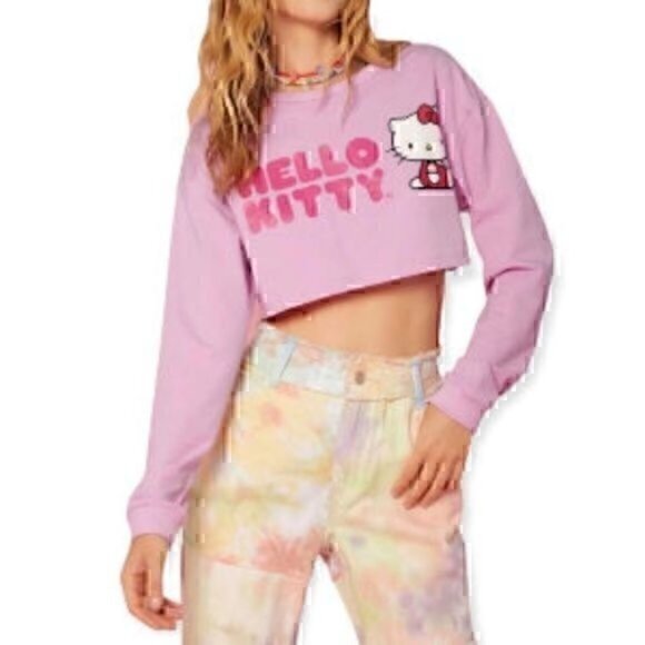 Hello Kitty Cropped Long Sleeve Pink Top Size Large - Picture 1 of 11